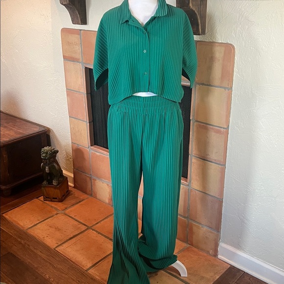 Maniere De Voir Green Button Down Ribbed Shirt and Pants Set, size 10 - Picture 12 of 15